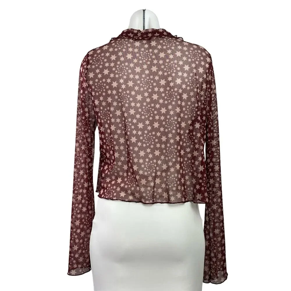 Free People Marne Purple Mesh Sheer Star Ruffles Long Sleeve Crop Cardigan Top M